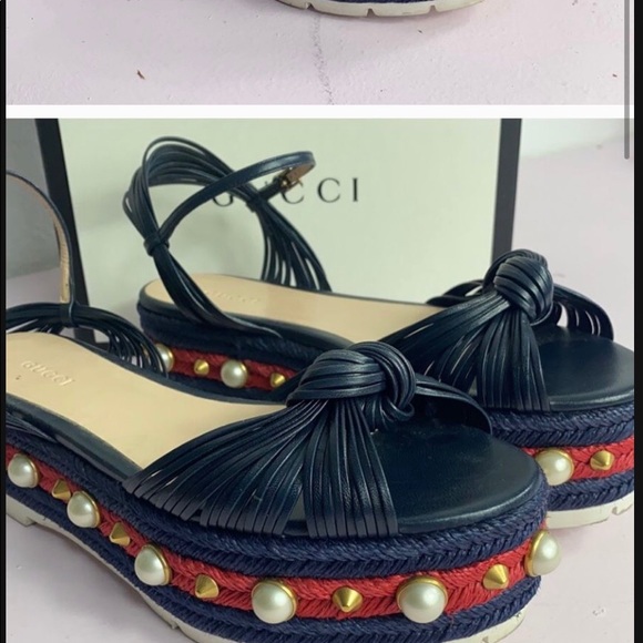 Gucci Pearl-Embellished Espadrilles Platform Sanda - Picture 2 of 5